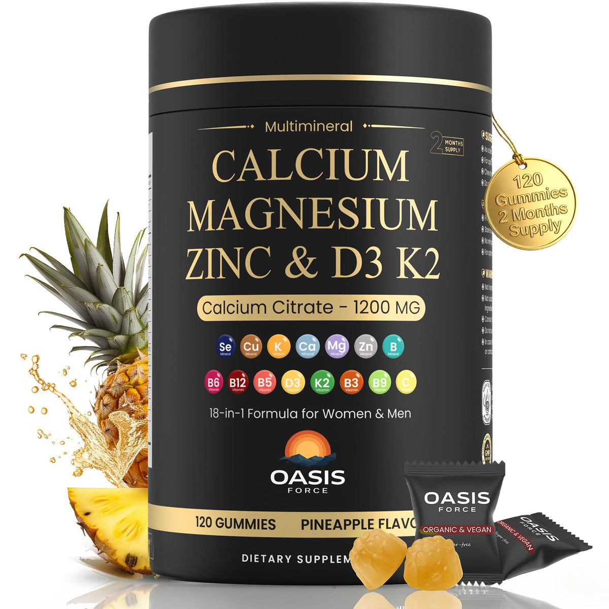 Gummies OASIS FORCE Calcium 1200 mg au goût d'ananas, emballage avant