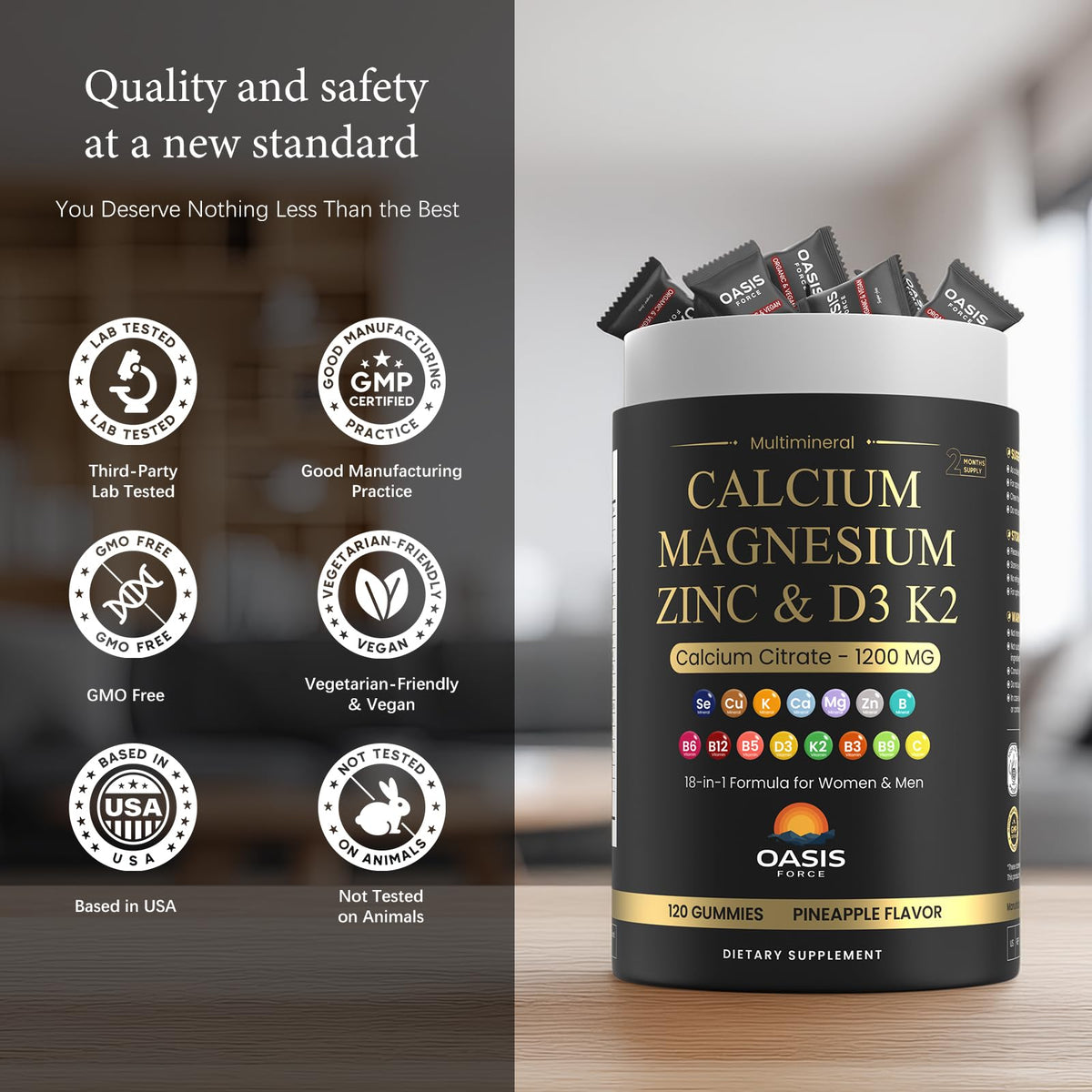 Gummies OASIS FORCE Calcium 1200 mg, mise en scène avec des fruits