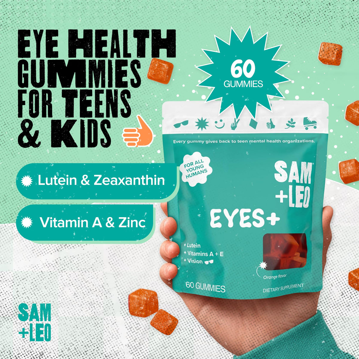 Gummies oculaires SAM+LEO montrant la texture et la couleur