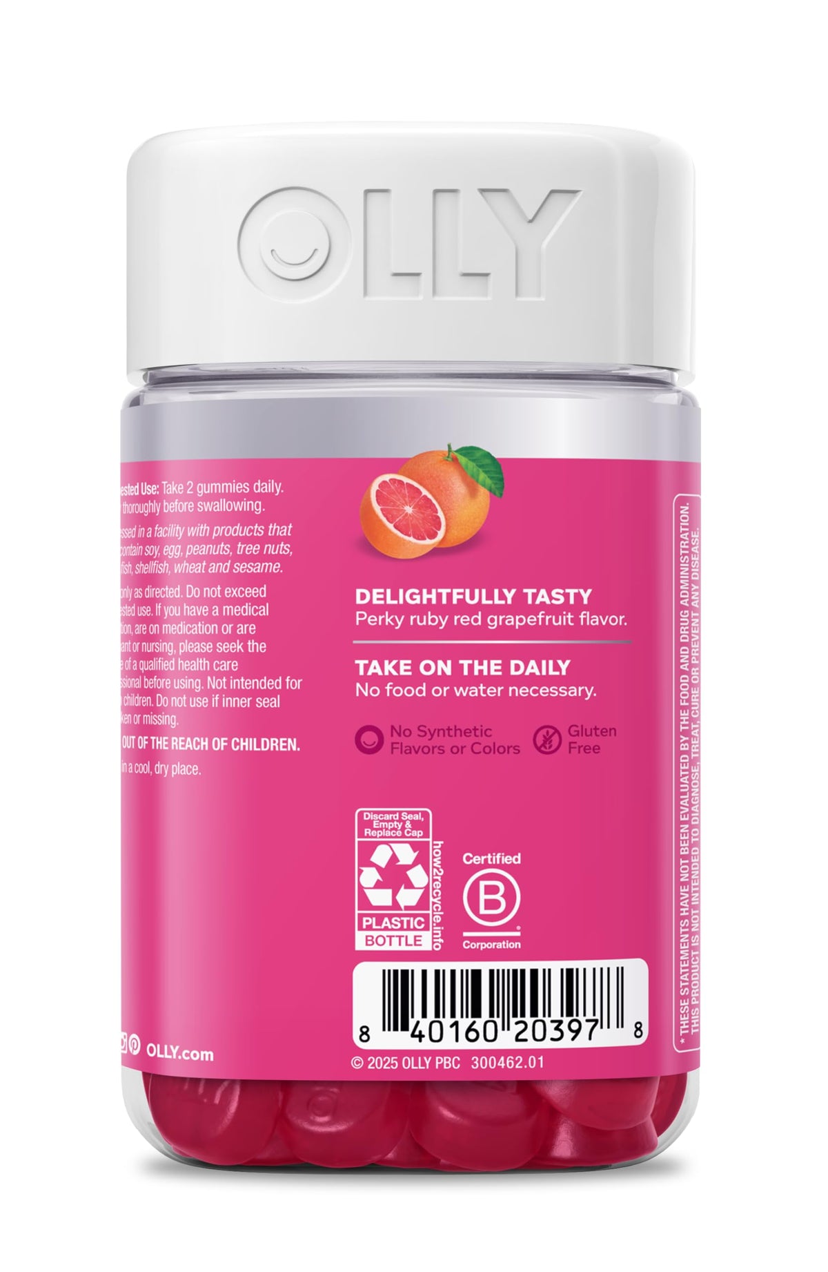 Gummies OLLY avec un fond de fruits frais