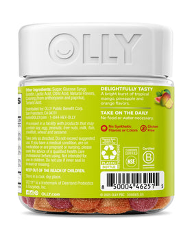 Gummies OLLY Multi + Probiotic avec un fond de nature tropicale