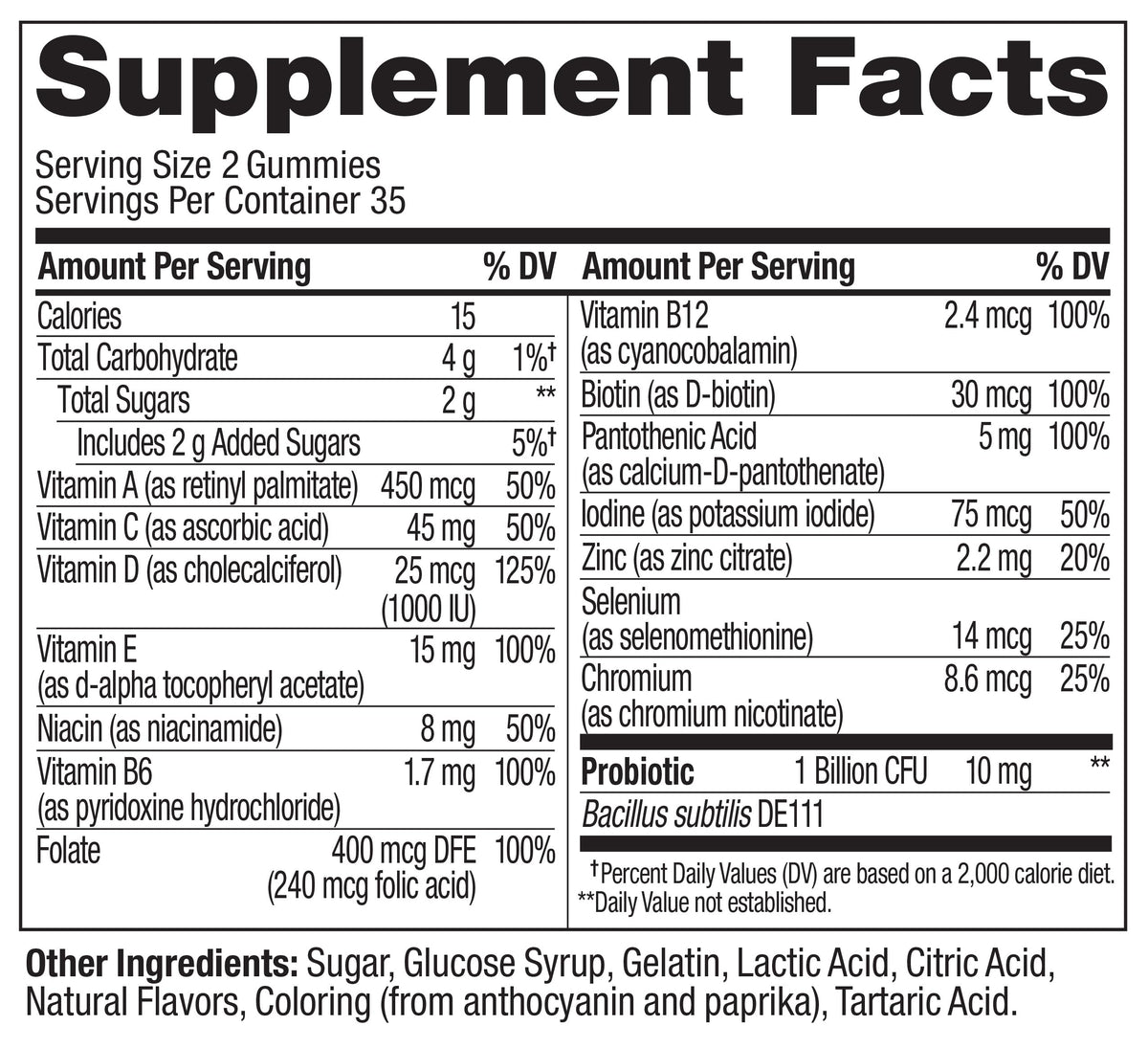 Gummies OLLY Multi + Probiotic sur une table, entourées de fruits tropicaux