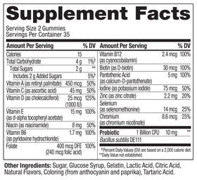 Gummies OLLY Multi + Probiotic sur une table, entourées de fruits tropicaux