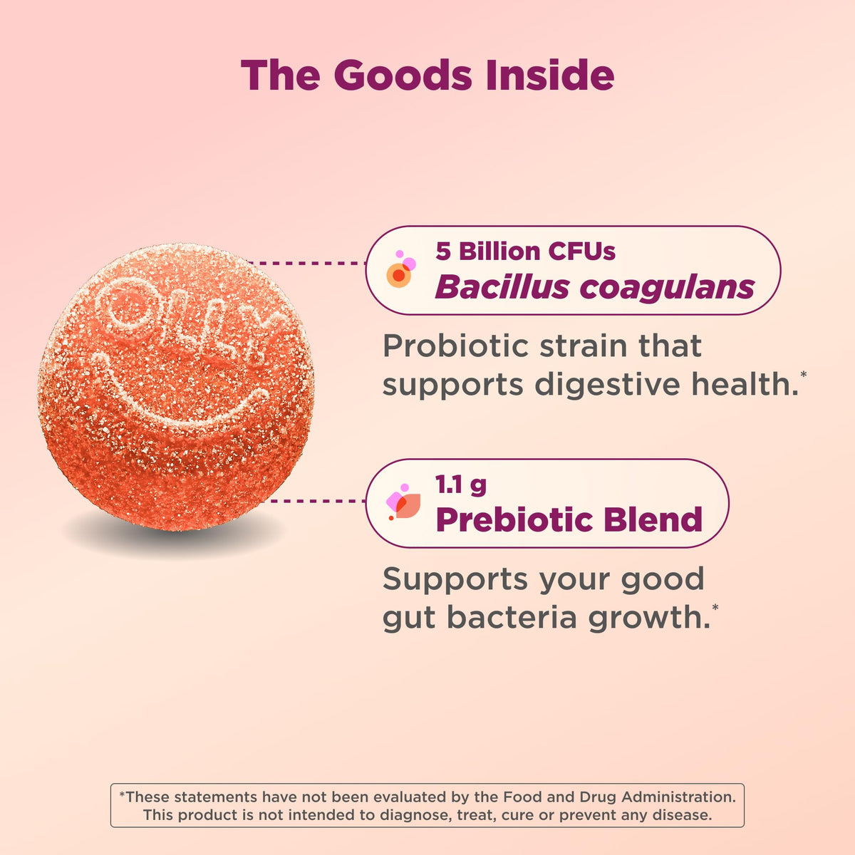 Gummies OLLY Prébiotiques et Probiotiques avec étiquette visible