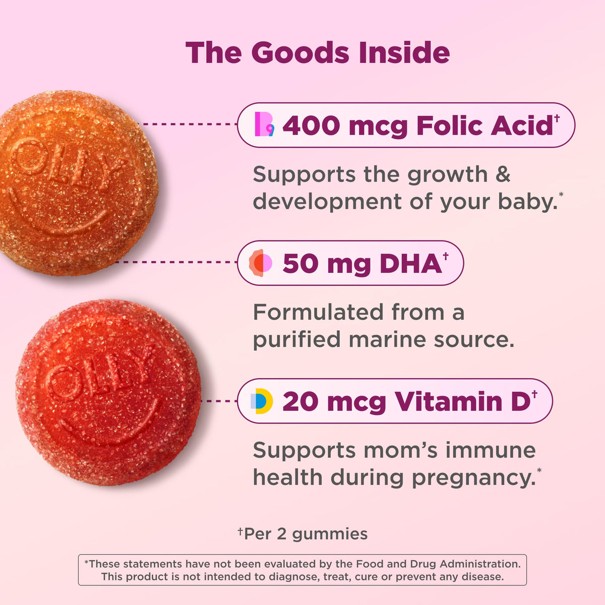 Gummies OLLY Prénatales 84 Comp. ouvertes montrant les gummies