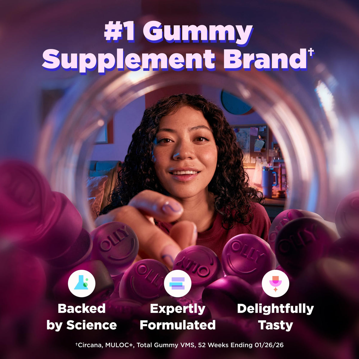 Gummies OLLY Sommeil avec ingrédients naturels en arrière-plan