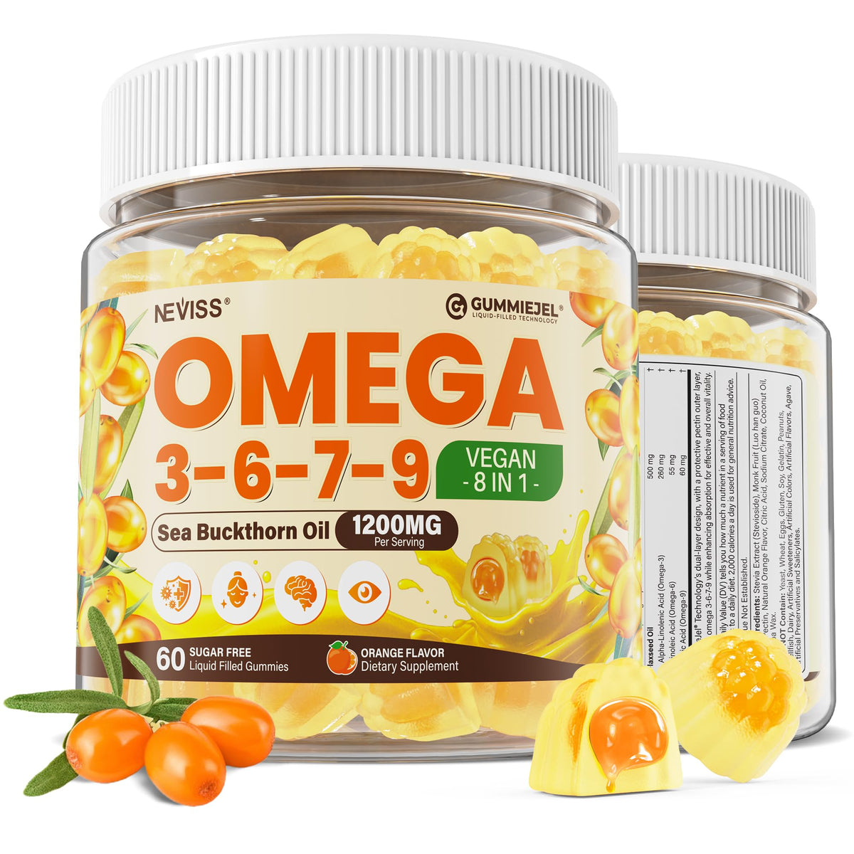 Gummies Omega 3-6-7-9 NEVISS pot de 60 gummies vue de face