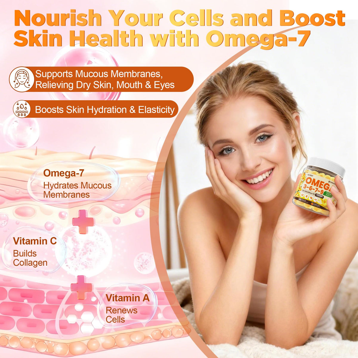 Gummies Omega 3-6-7-9 NEVISS sur une table en bois