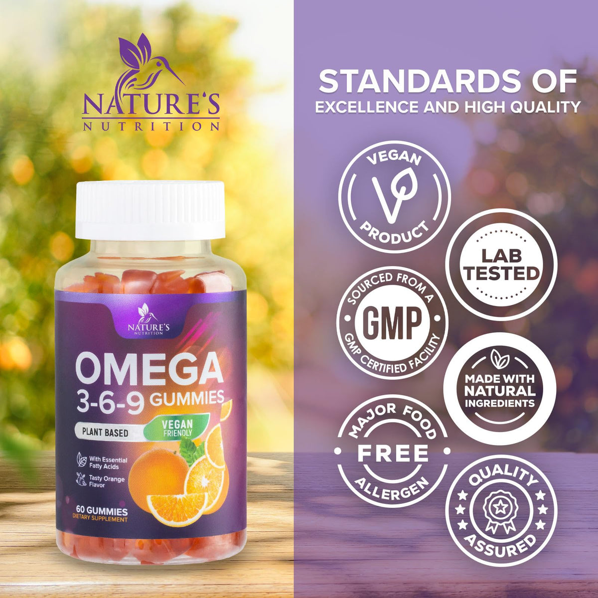 Gummies Omega 3 6 9 Nature's Nutrition avec une main tenant deux gummies