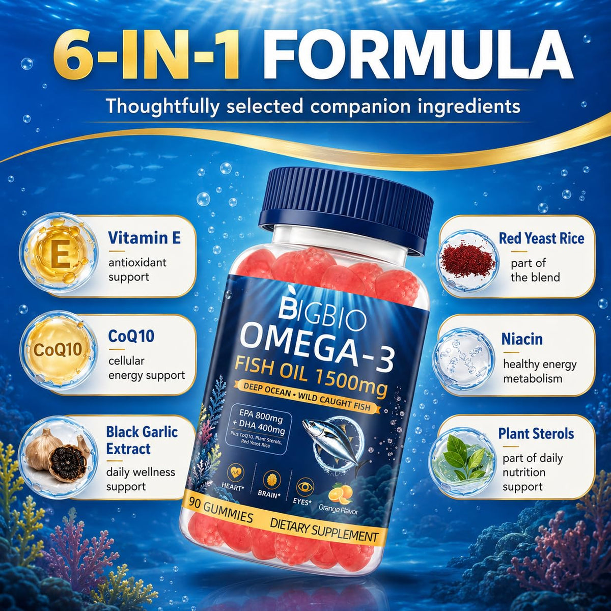 Gummies Omega-3 BIGBIO 1500mg avec CoQ10 en gros plan