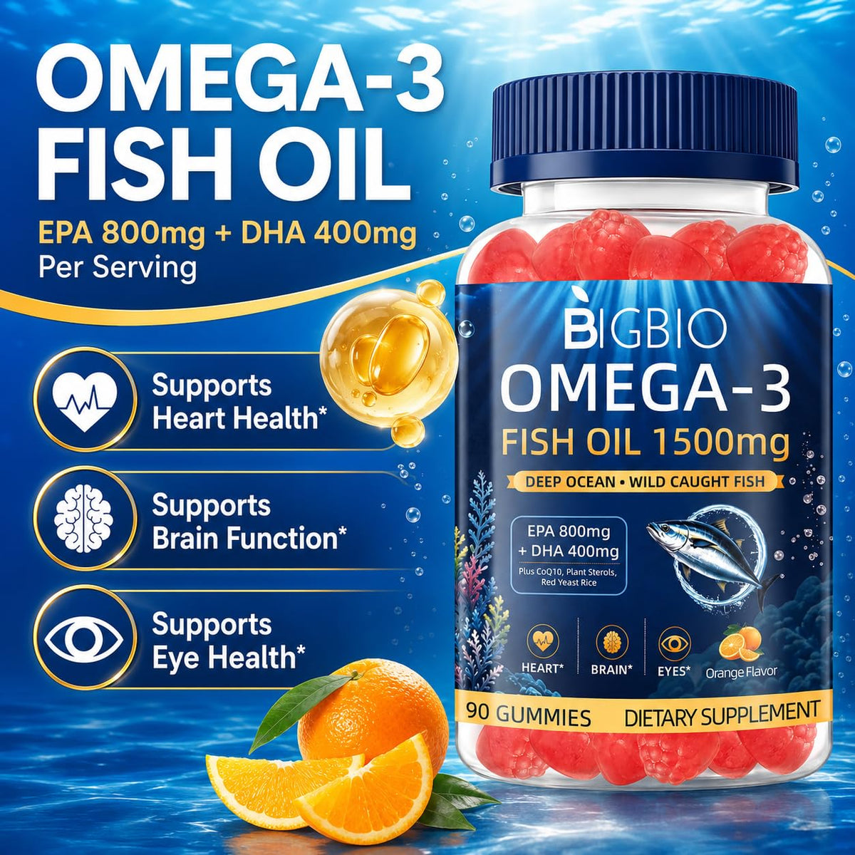 Gummies Omega-3 BIGBIO 1500mg montrant la texture des gummies