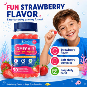 Gummies Oméga 3 BIGBIO avec des fruits en arrière-plan