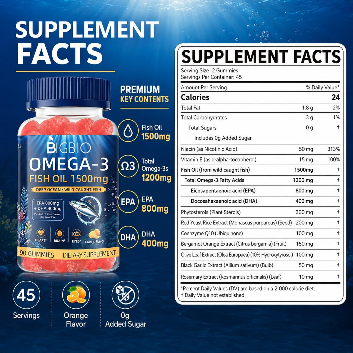 Gummies Omega-3 BIGBIO avec liste des ingrédients sur l'emballage