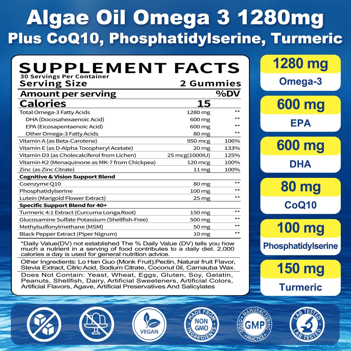 Gummies Omega 3 BSSTABBON sur une table avec un verre d'eau