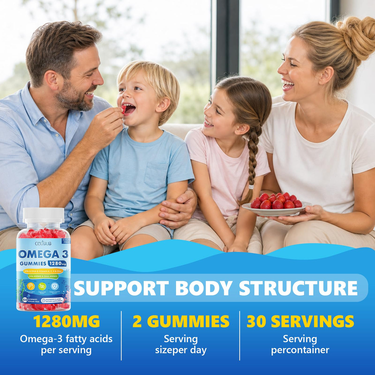 Gummies Omega 3 CCOBUB 1280mg, bouteille ouverte avec gummies