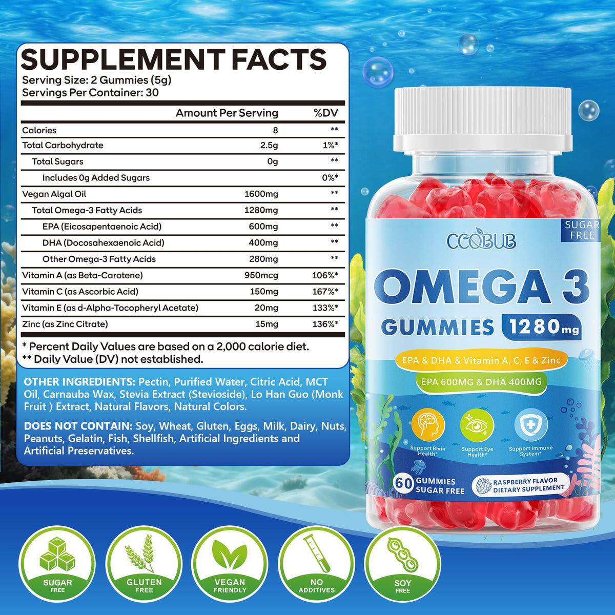 Gummies Omega 3 CCOBUB 1280mg framboise, vue de côté