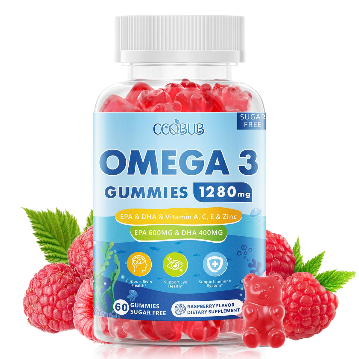 Gummies Omega 3 CCOBUB 1280mg framboise, vue de face