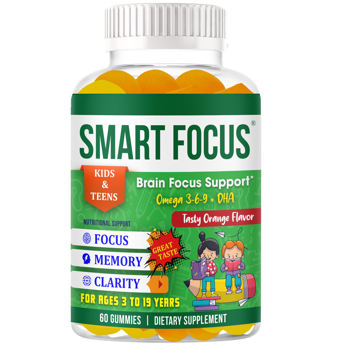 Gummies Omega 3 DHA pour enfants, boîte de 60 gummies orange