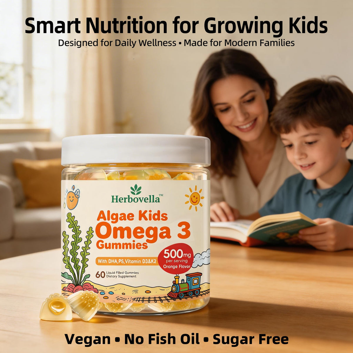 Gummies Omega 3 Herbovella avec un enfant prenant un gummy