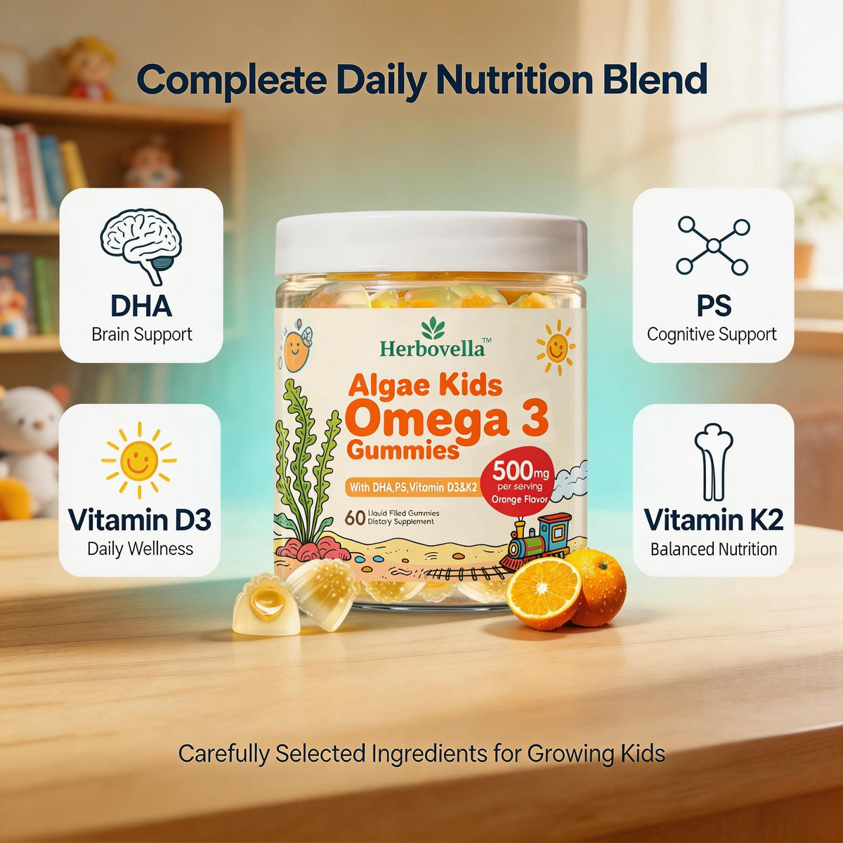 Gummies Omega 3 Herbovella dans un bol avec des fruits