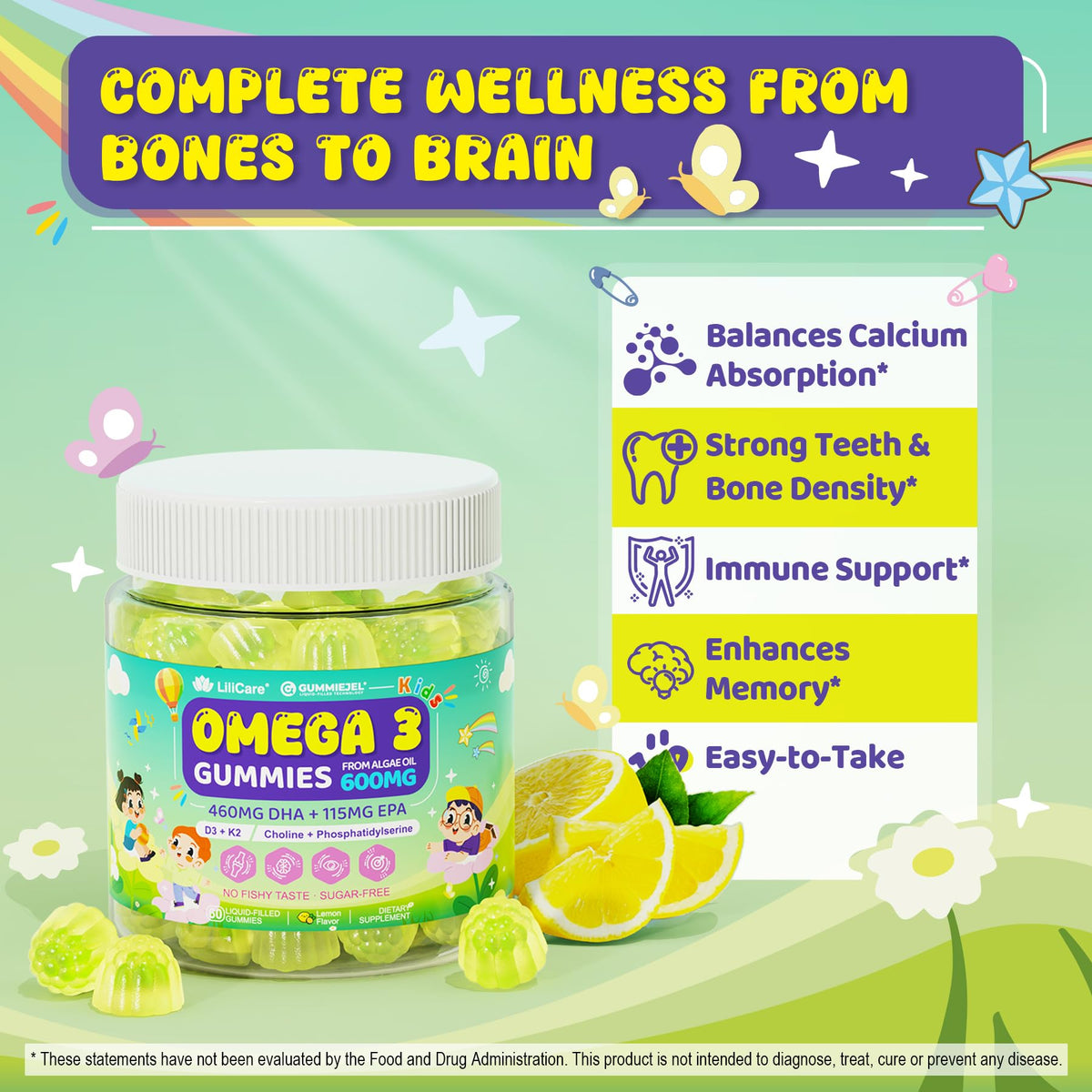 Gummies Omega-3 LILICARE dans un bol avec des fruits frais