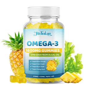 Gummies oméga-3 Mchokuu avec fond coloré et fruits