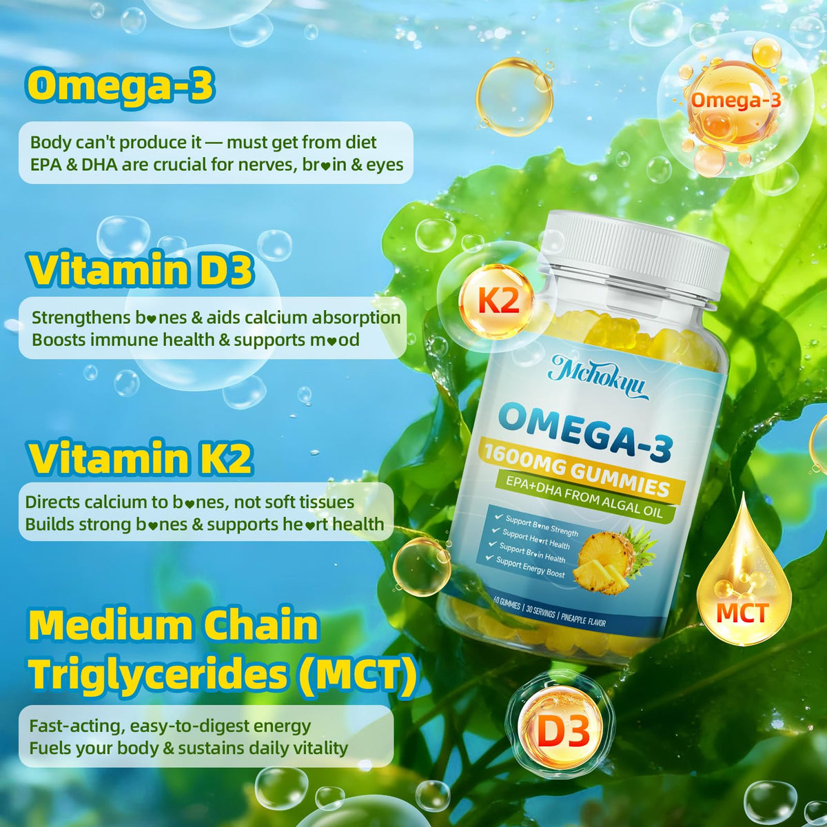 Gummies oméga-3 Mchokuu avec une vue de la portion
