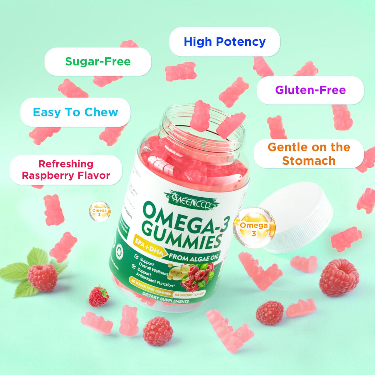 Gummies Omega-3 MEENCCD dans un bol avec des fruits