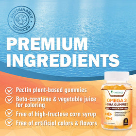 Gummies Omega 3 Nature's Nutrition avec fruits frais en arrière-plan