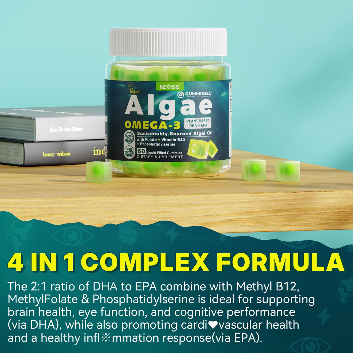 Gummies Omega 3 NEVISS avec une main tenant un gummy