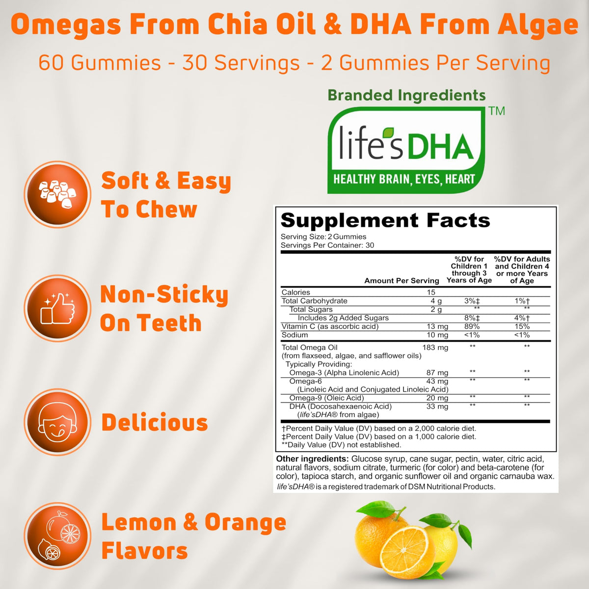 Gummies Omega 3 NUELATION, texture moelleuse, saveur citron et orange