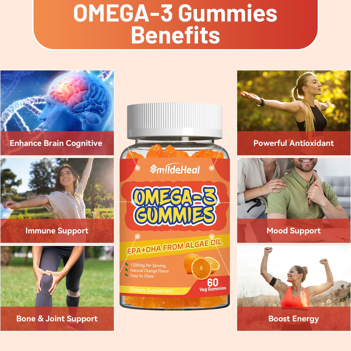 Gummies Omega 3 Vegan SmildeHeal 1000mg présentation sur une table