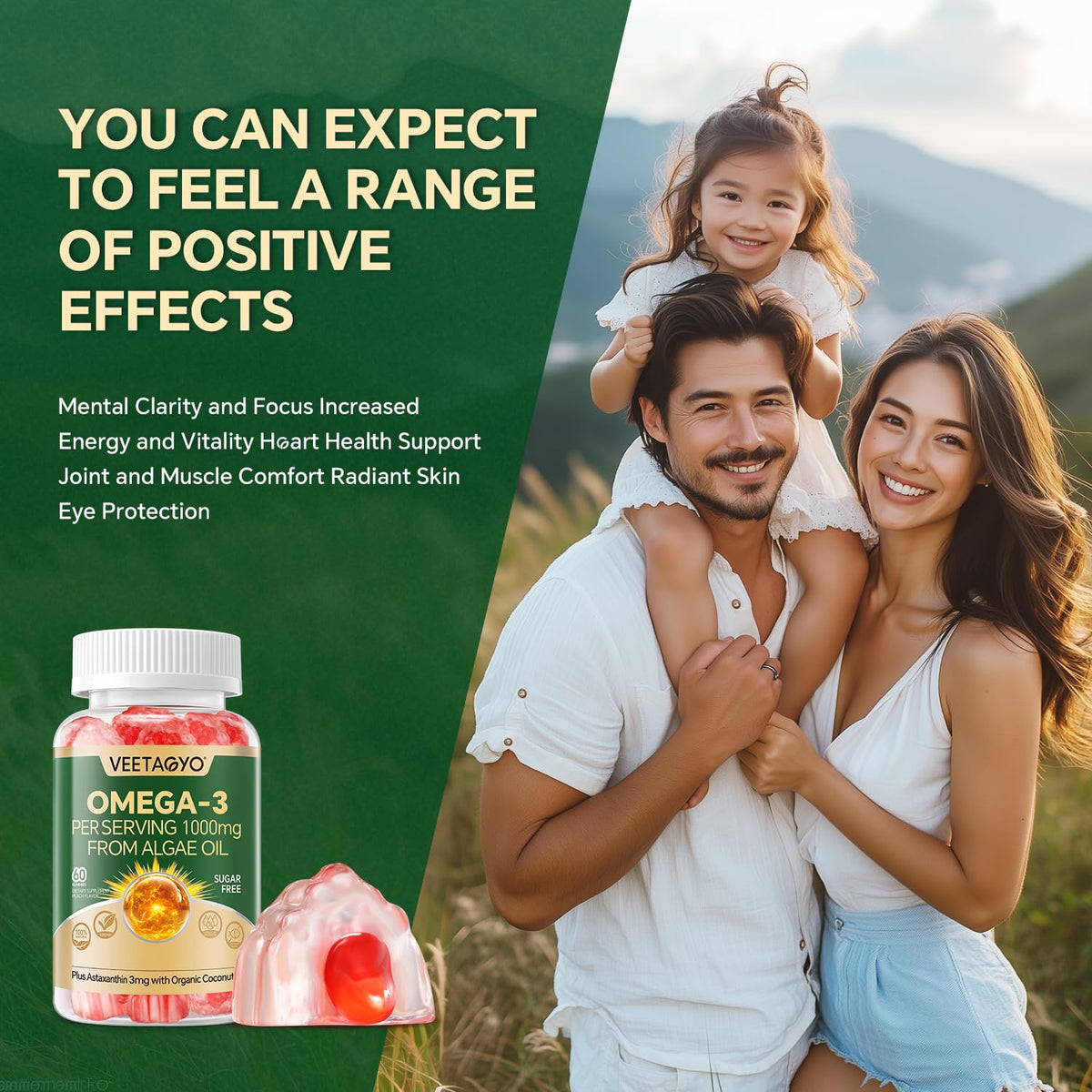 Gummies Omega 3 Végans VEETAGYO, affichant les dimensions du produit