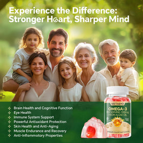 Gummies Omega 3 Végans VEETAGYO, avec des ingrédients sur fond blanc