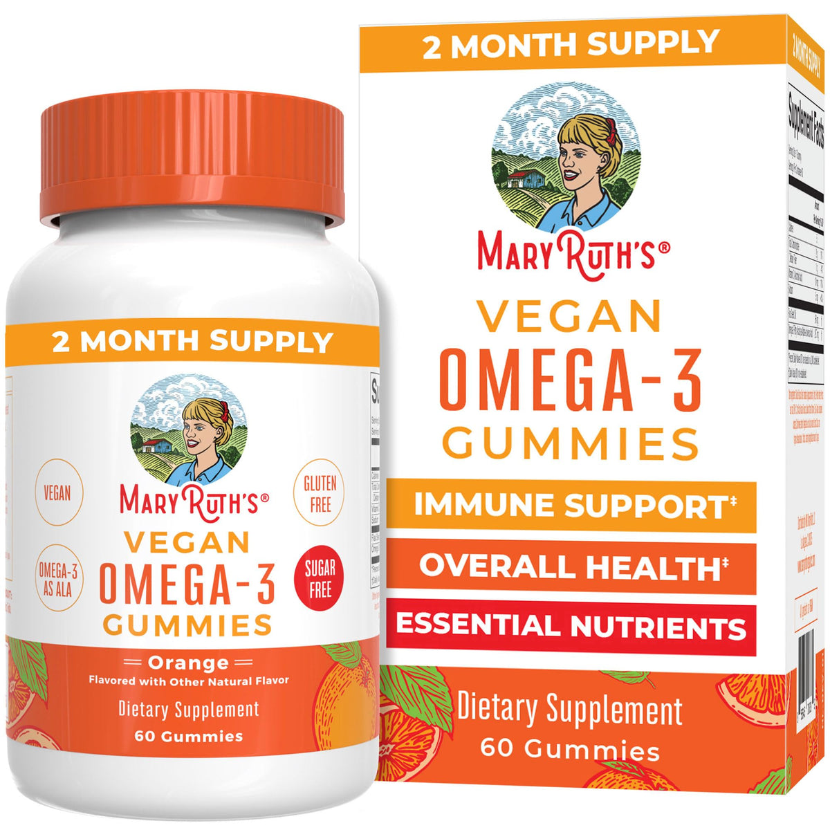 Gummies Omega 3 Végétaliens MARYRUTH'S, saveur orange, boîte de 60 comprimés