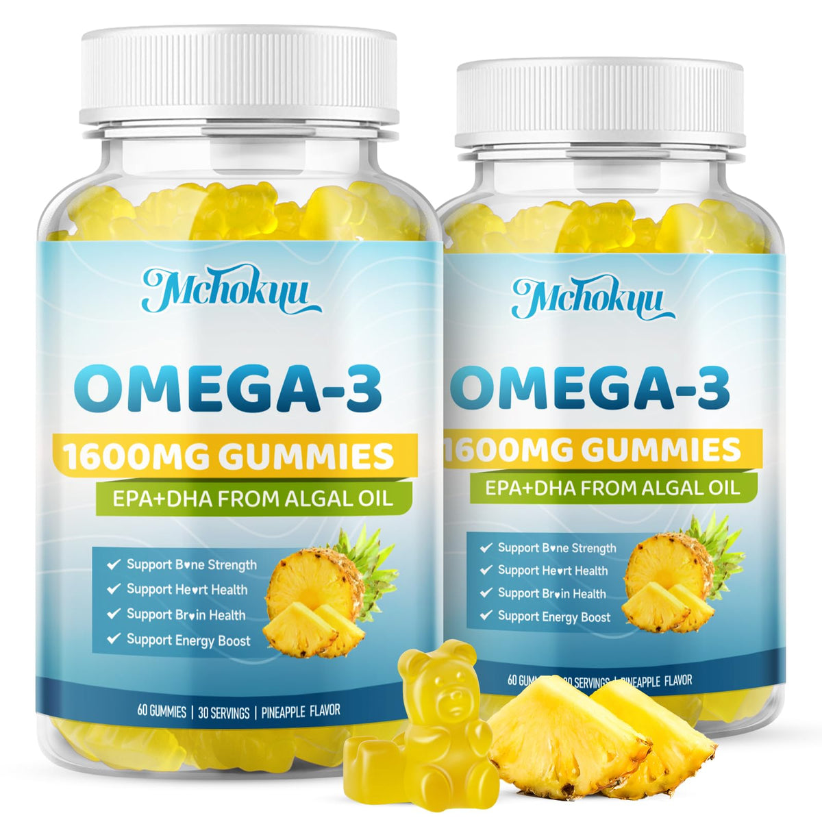 Gummies oméga-3 végétaliens Mchokuu boîte avant avec goût ananas