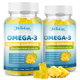 Gummies oméga-3 végétaliens Mchokuu boîte avant avec goût ananas