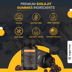 Gummies PakShilajit sur une table, ambiance naturelle