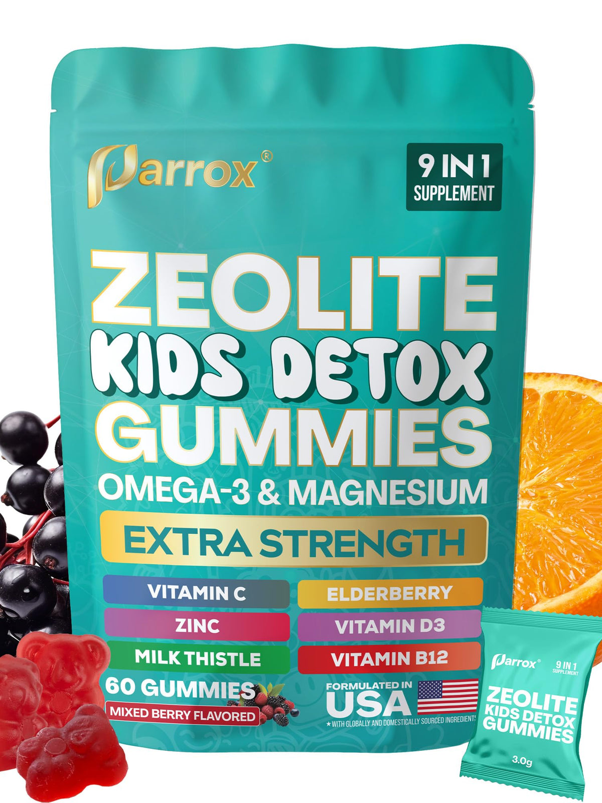 Gummies Parrox Enfants 9-en-1, emballage avant avec saveur baie