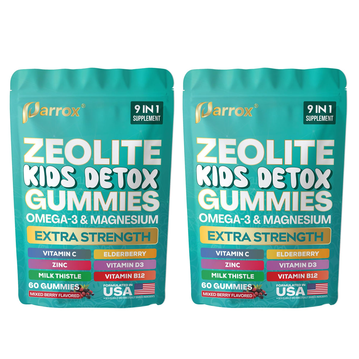 Gummies Parrox pour enfants 9-en-1 saveur baie mixte, emballage avant