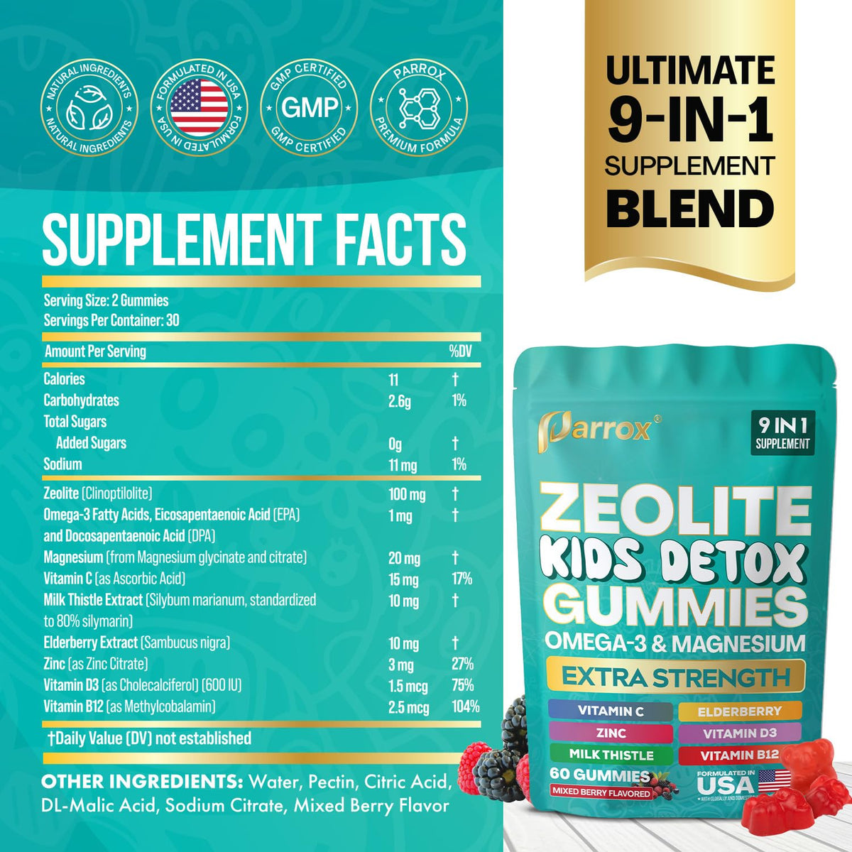 Gummies Parrox pour enfants 9-en-1, vue arrière de l'emballage