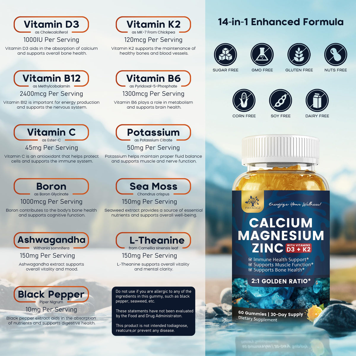 Gummies PAYAOCZ Calcium Magnésium Zinc 800mg sur une table