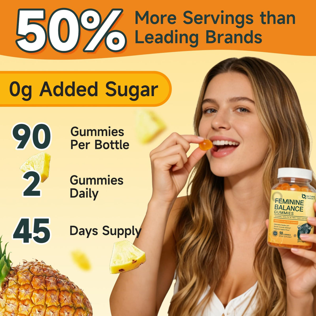Gummies pH Équilibre Femmes saveur ananas sur fond blanc