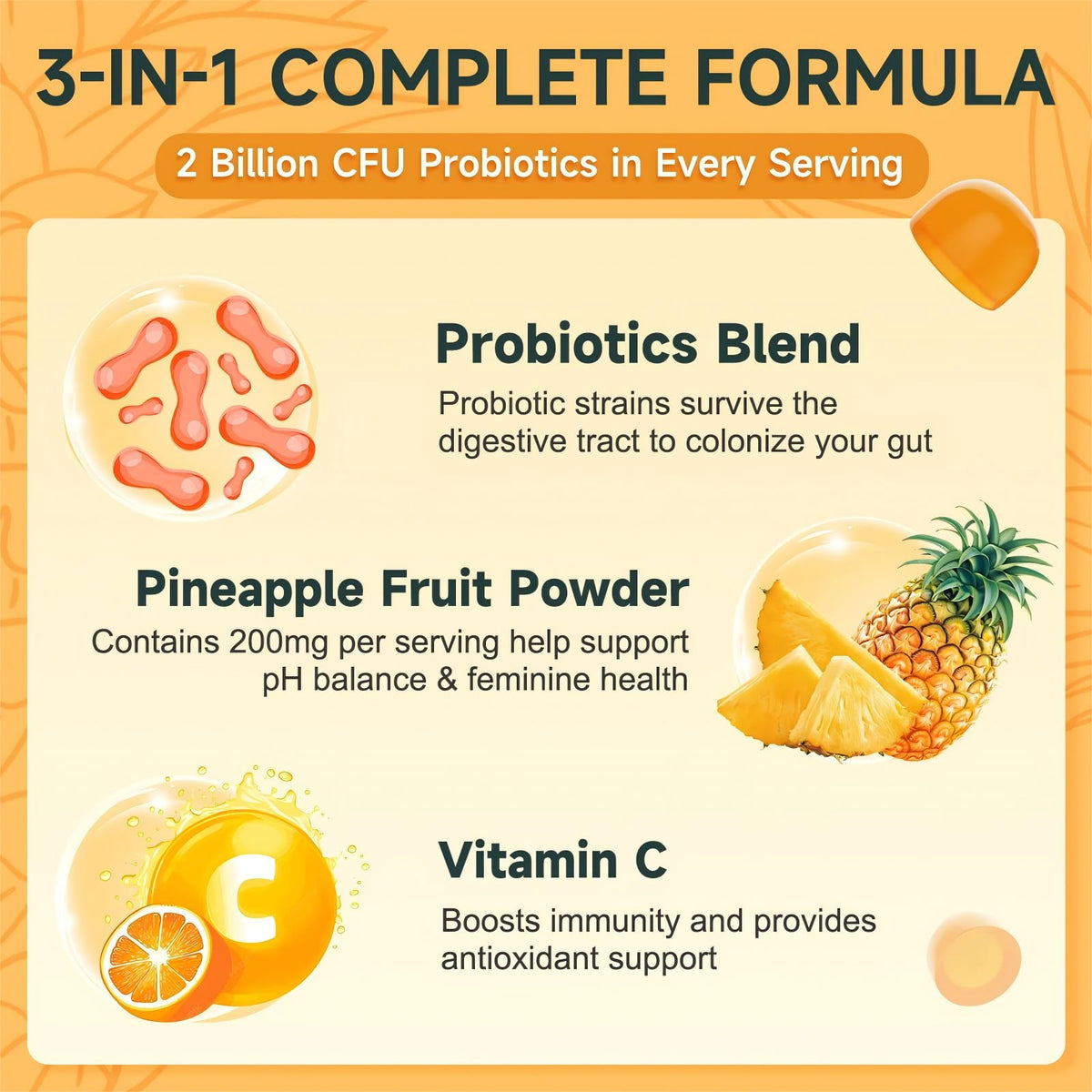 Gummies pH Équilibre Femmes sur une table avec des fruits