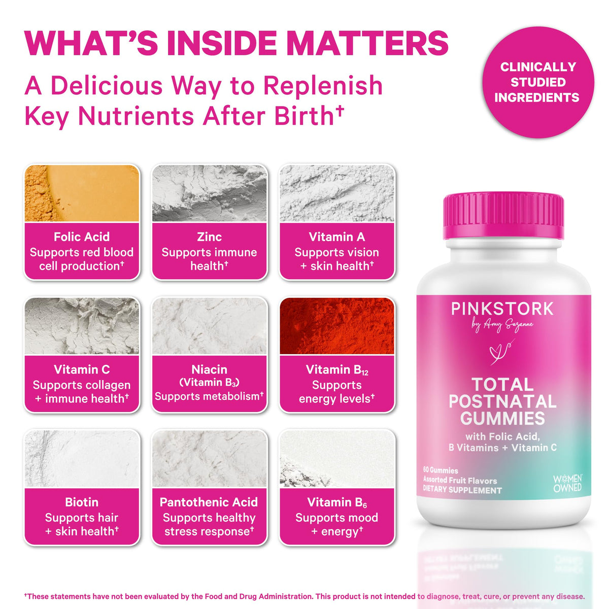 Gummies Pink Stork avec informations nutritionnelles sur l'emballage