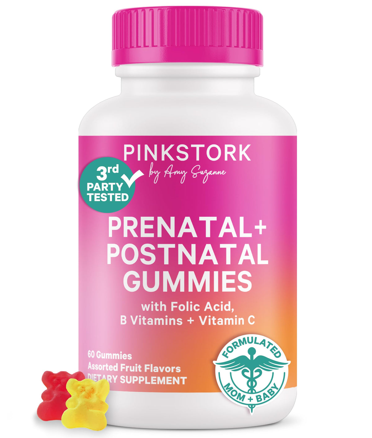 Gummies Pink Stork Fertilité, Prénatales et Postnatales, 60 unités, vue de face