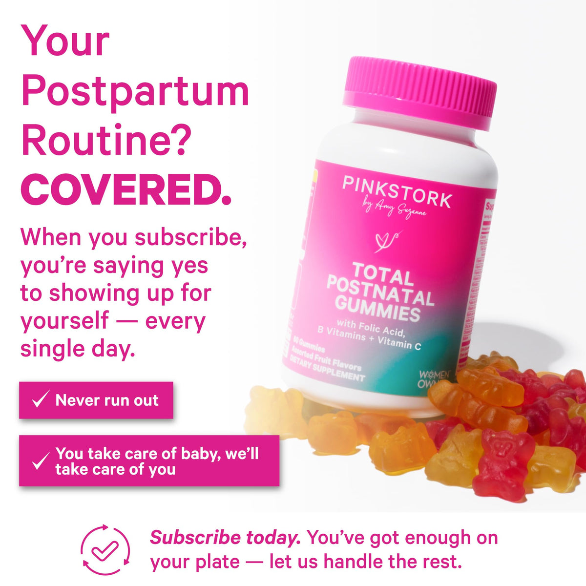 Gummies postnatales Pink Stork ouvertes avec une poignée de gummies