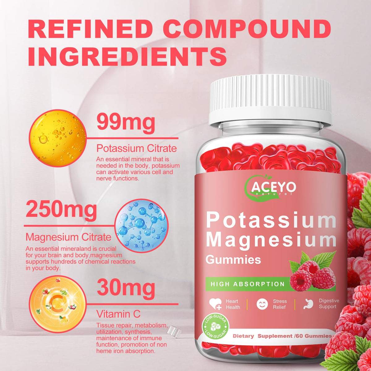 Gummies Potassium Magnésium ACEYO 300mg avec une portion de deux gummies