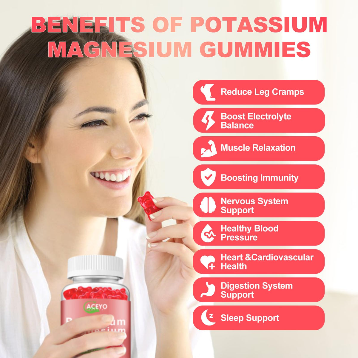 Gummies Potassium Magnésium ACEYO 300mg en bouteille ouverte