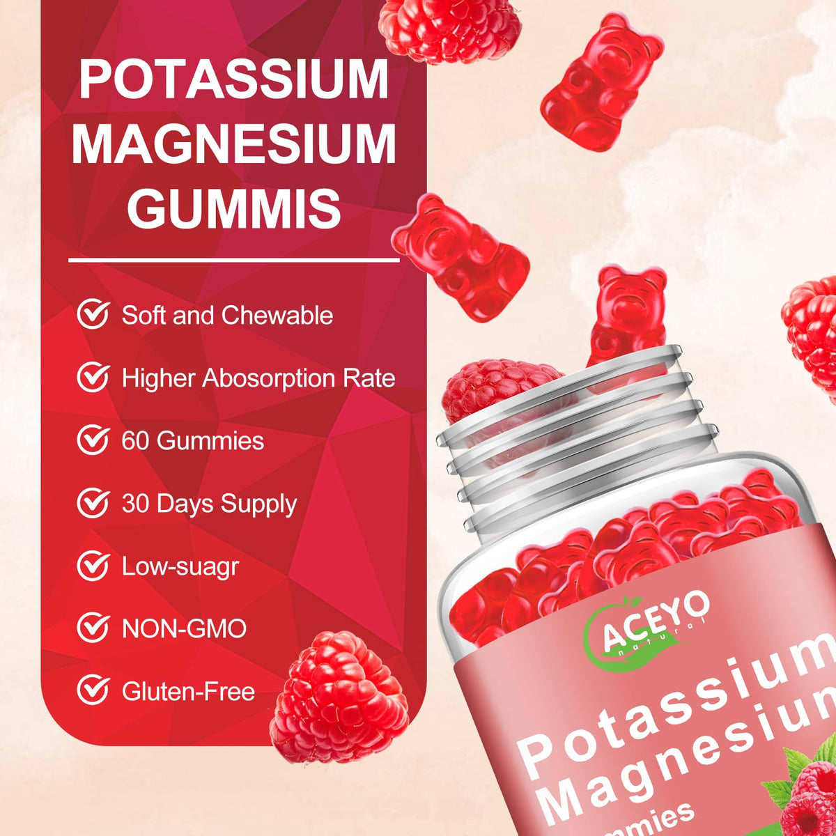 Gummies Potassium Magnésium ACEYO 300mg montrant la texture et la couleur